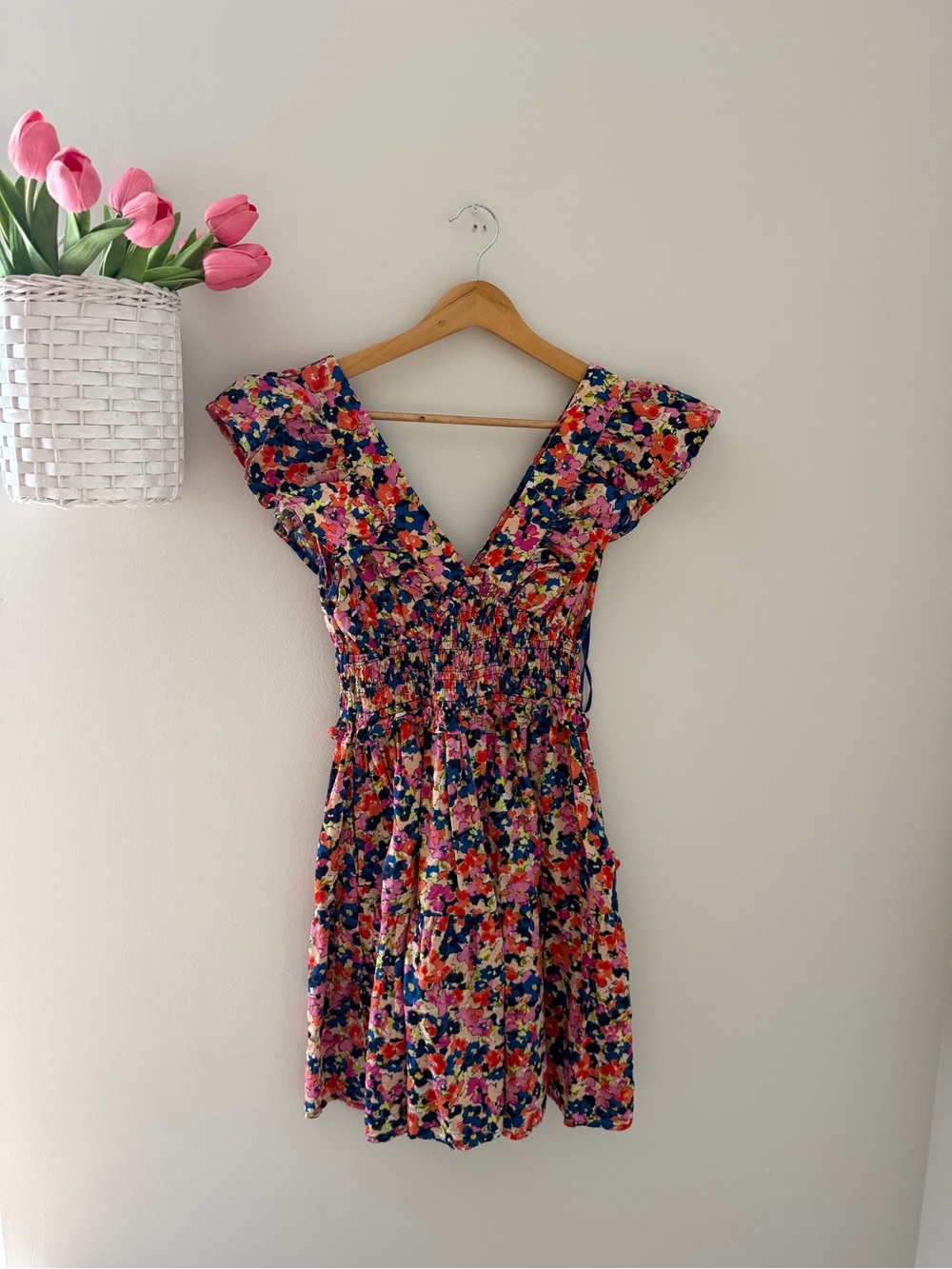 GAP Multicolor Floral V-Neck Smocked Midi Dress